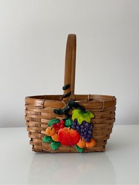 Vintage Fruit Themed Woven Basket Farmhouse Country Cottage Whimsical Decor